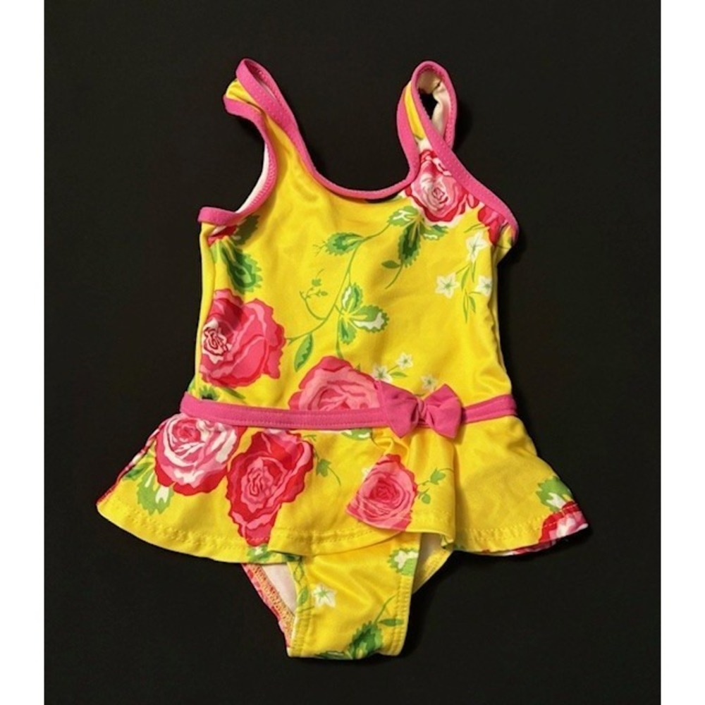 Penelope Mack 12 month swimsuit, bright yellow with pink and red roses